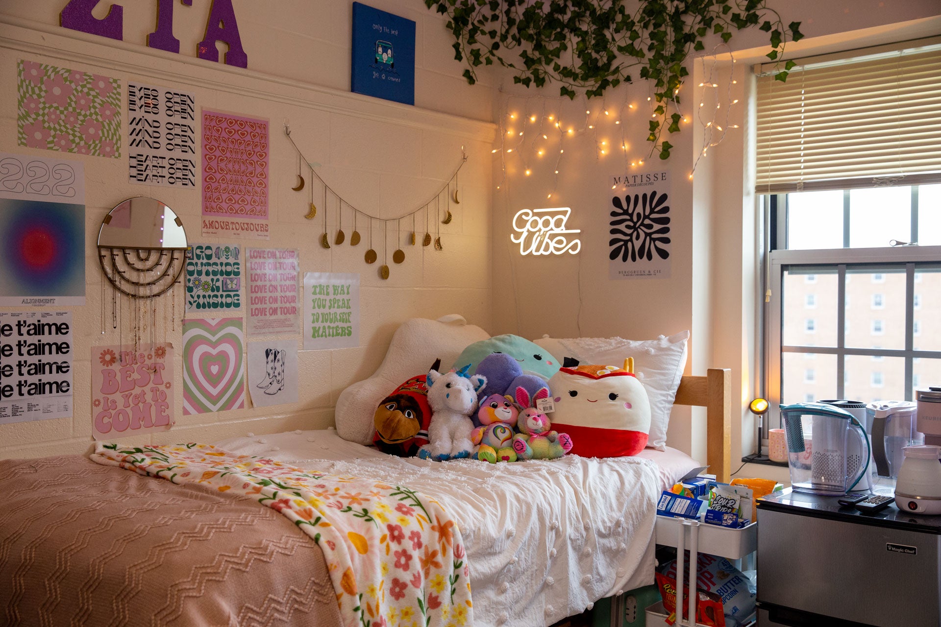 interior of a decorated residence hall room