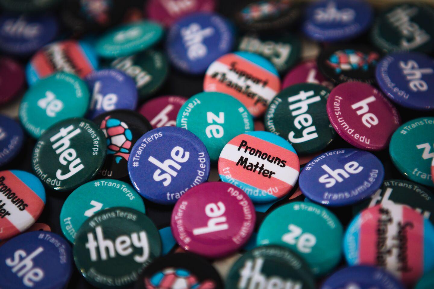 A pile of buttons in support of proper pronoun usage distributed by the Lesbian, Gay, Bisexual, and Transgender Equity Center.