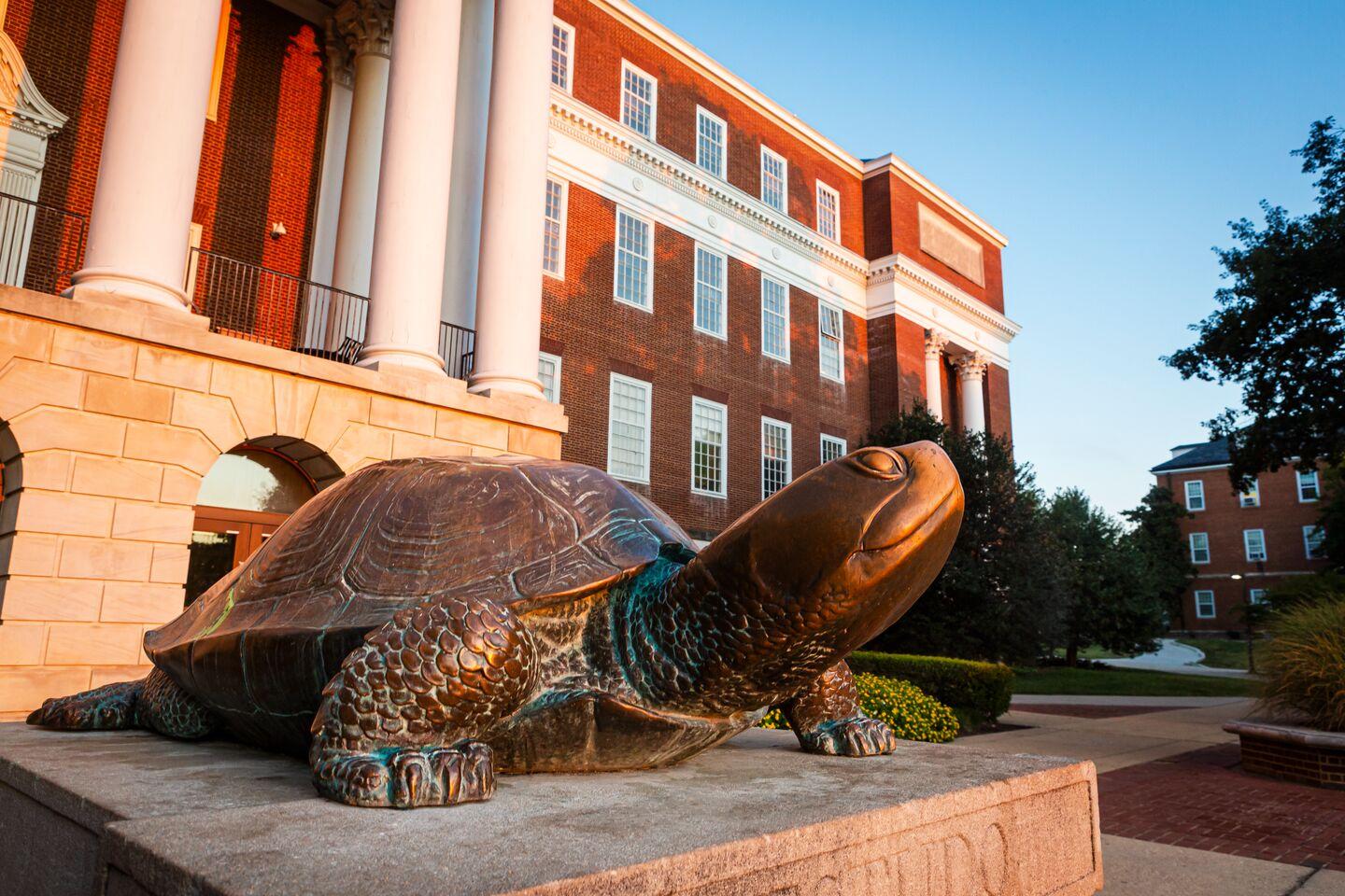 Testudo statue in front of McKeldin Library at sunrise.