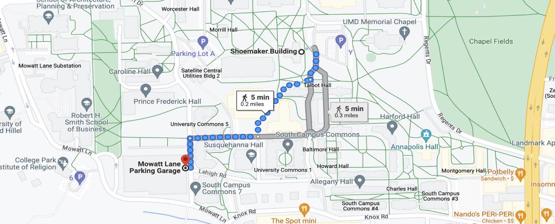 google map route from Mowatt Lane Garage to Shoemaker Building showing a 5 minute route